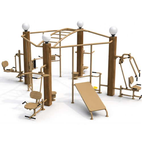 Siłownia zewnętrzna – zestaw urządzeń fitness na świeżym powietrzu do parków, szkół i terenów rekreacyjnych.